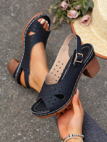 Summer New Hollow Out Breathable Round Toe High Heel Sandals, Fashion Casual French Style Chunky Heel