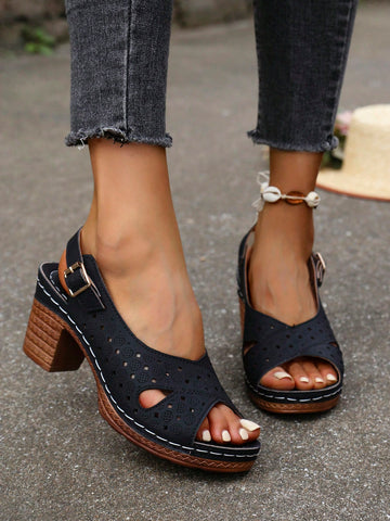 Summer New Hollow Out Breathable Round Toe High Heel Sandals, Fashion Casual French Style Chunky Heel