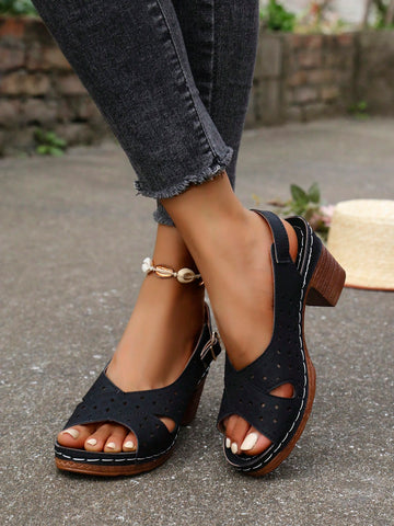 Summer New Hollow Out Breathable Round Toe High Heel Sandals, Fashion Casual French Style Chunky Heel