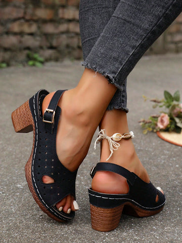 Summer New Hollow Out Breathable Round Toe High Heel Sandals, Fashion Casual French Style Chunky Heel