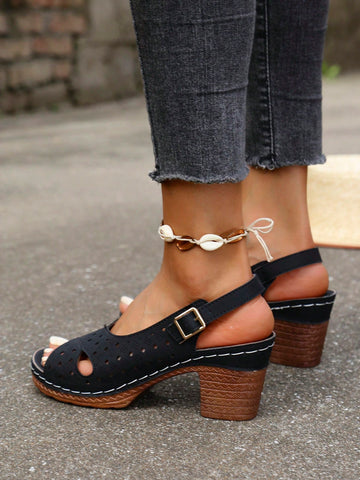 Summer New Hollow Out Breathable Round Toe High Heel Sandals, Fashion Casual French Style Chunky Heel