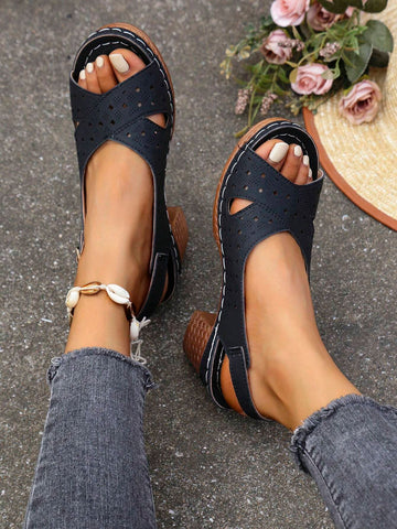 Summer New Hollow Out Breathable Round Toe High Heel Sandals, Fashion Casual French Style Chunky Heel