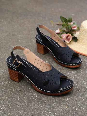 Summer New Hollow Out Breathable Round Toe High Heel Sandals, Fashion Casual French Style Chunky Heel