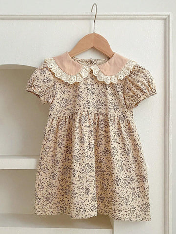 Summer New Peter Pan Collar Floral Short Sleeve Princess Dress