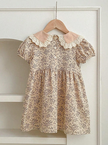 Summer New Peter Pan Collar Floral Short Sleeve Princess Dress
