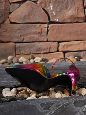 Summer New Rainbow Satin High-heel Shoes, Pointed & Hollow Out, Versatile Women's Shoes