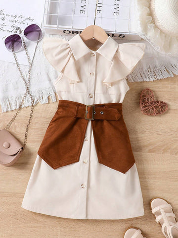 Summer New Toddler Girls" Bubble Sleeve Shirt Dress With Belt