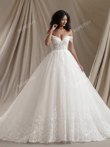 Summer Off The Shoulder Princess Wedding Dresses For Women 2024 Glitter New Romantic Sleeveless Bride Bridal Gown