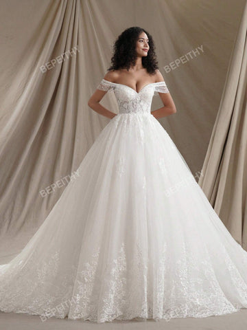 Summer Off The Shoulder Princess Wedding Dresses For Women 2024 Glitter New Romantic Sleeveless Bride Bridal Gown