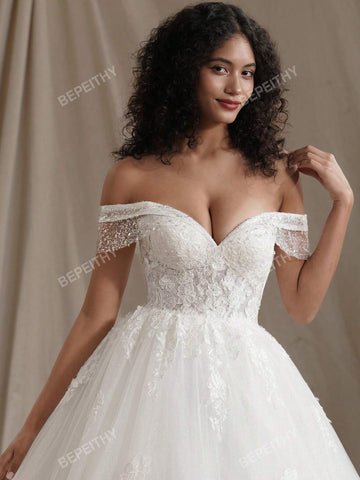 Summer Off The Shoulder Princess Wedding Dresses For Women 2024 Glitter New Romantic Sleeveless Bride Bridal Gown