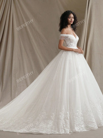 Summer Off The Shoulder Princess Wedding Dresses For Women 2024 Glitter New Romantic Sleeveless Bride Bridal Gown