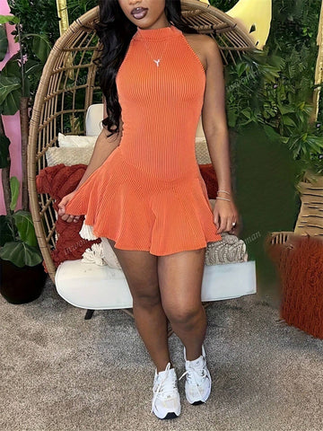 Summer Orange Bodycon Sleeveless Mini Dress Sexy Party Clothing For Woman 2024 O Neck Ribbed Short Drees