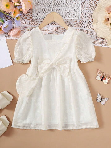 Summer Outdoor Casual Style Girls" Dress With Bow And Solid Color (Comes With 1 Bag)
