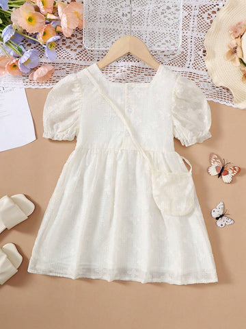 Summer Outdoor Casual Style Girls" Dress With Bow And Solid Color (Comes With 1 Bag)
