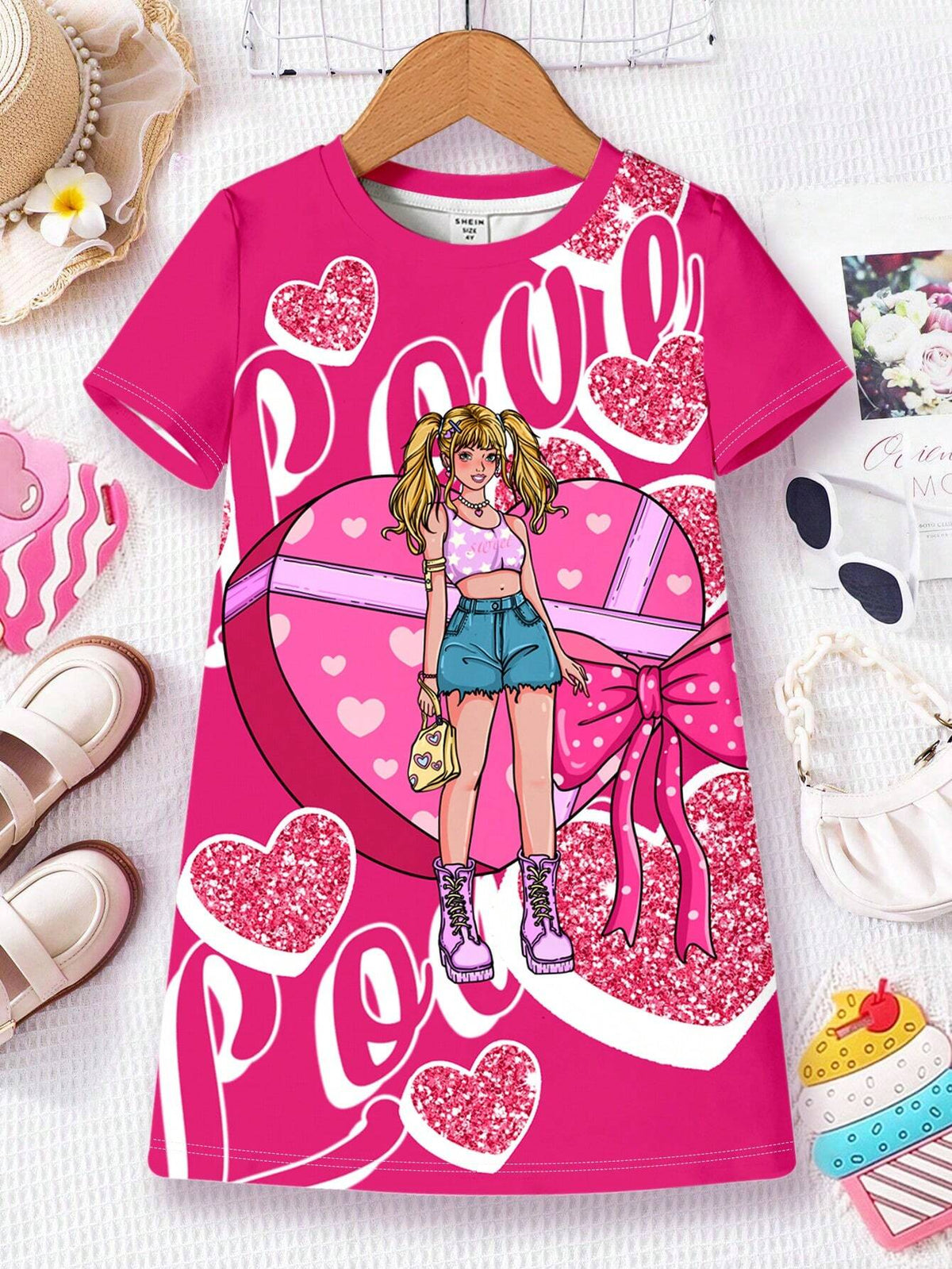 Summer Pink Casual Simple Sweetheart Teenage Girl Gift Heart Printed Short/Mid-Length Sleeveless Dress Suitable For Summer, Vacation, Parties