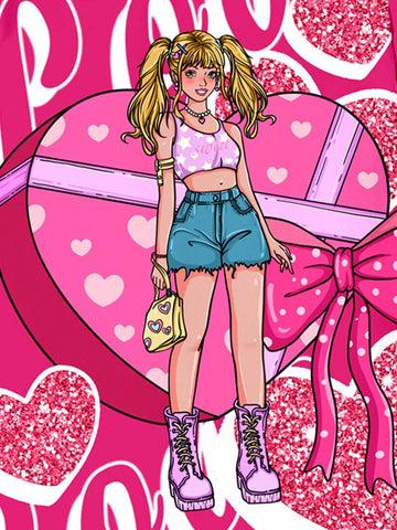 Summer Pink Casual Simple Sweetheart Teenage Girl Gift Heart Printed Short/Mid-Length Sleeveless Dress Suitable For Summer, Vacation, Parties