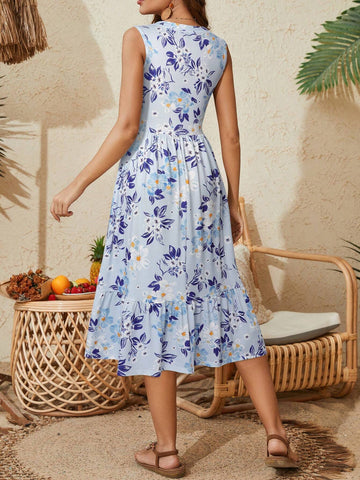 Summer Printed Sleeveless A-Line Dress With V-Neck And Pockets