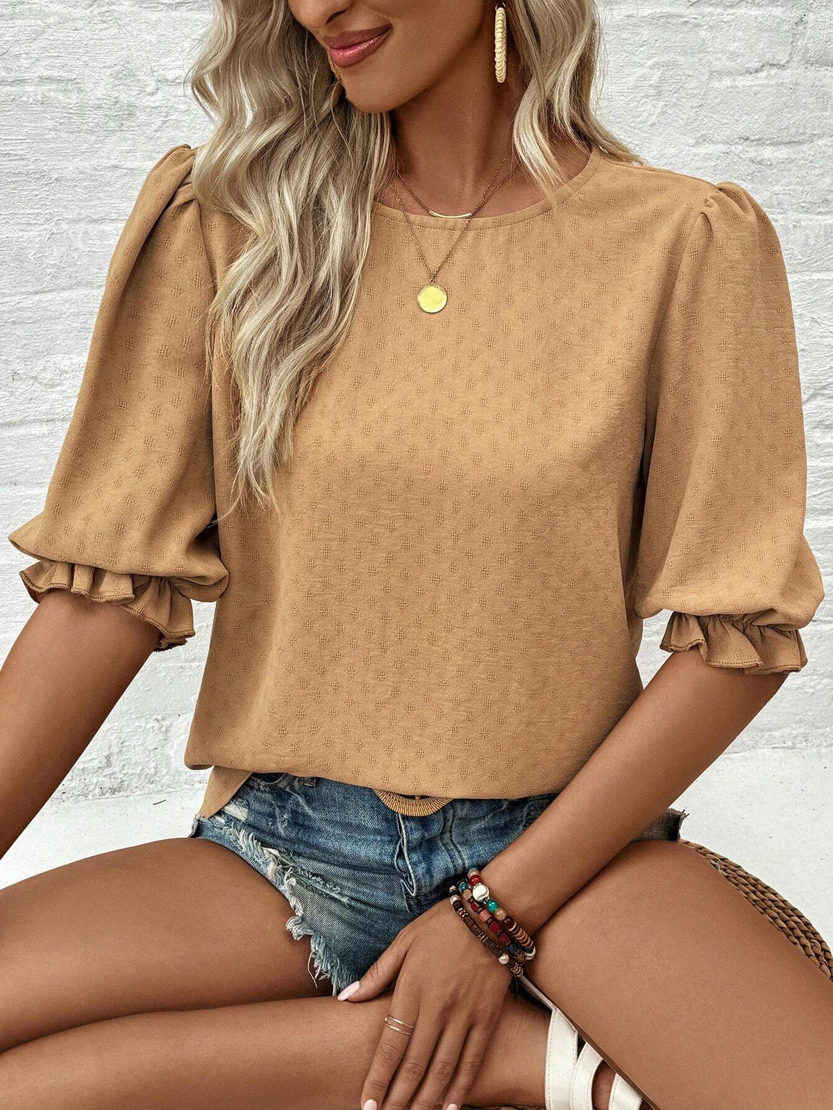 Summer Round Neck Textured Diamond Fabric Pullover Shirt