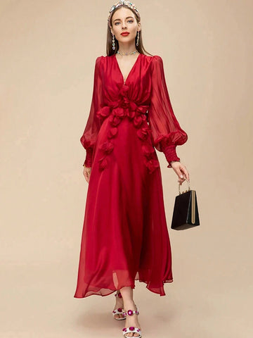 Summer Runway Elegant Party Dress Women's Red V-Neck High Waist Applique Chiffon Slim Fit Long Dress