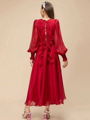 Summer Runway Elegant Party Dress Women's Red V-Neck High Waist Applique Chiffon Slim Fit Long Dress