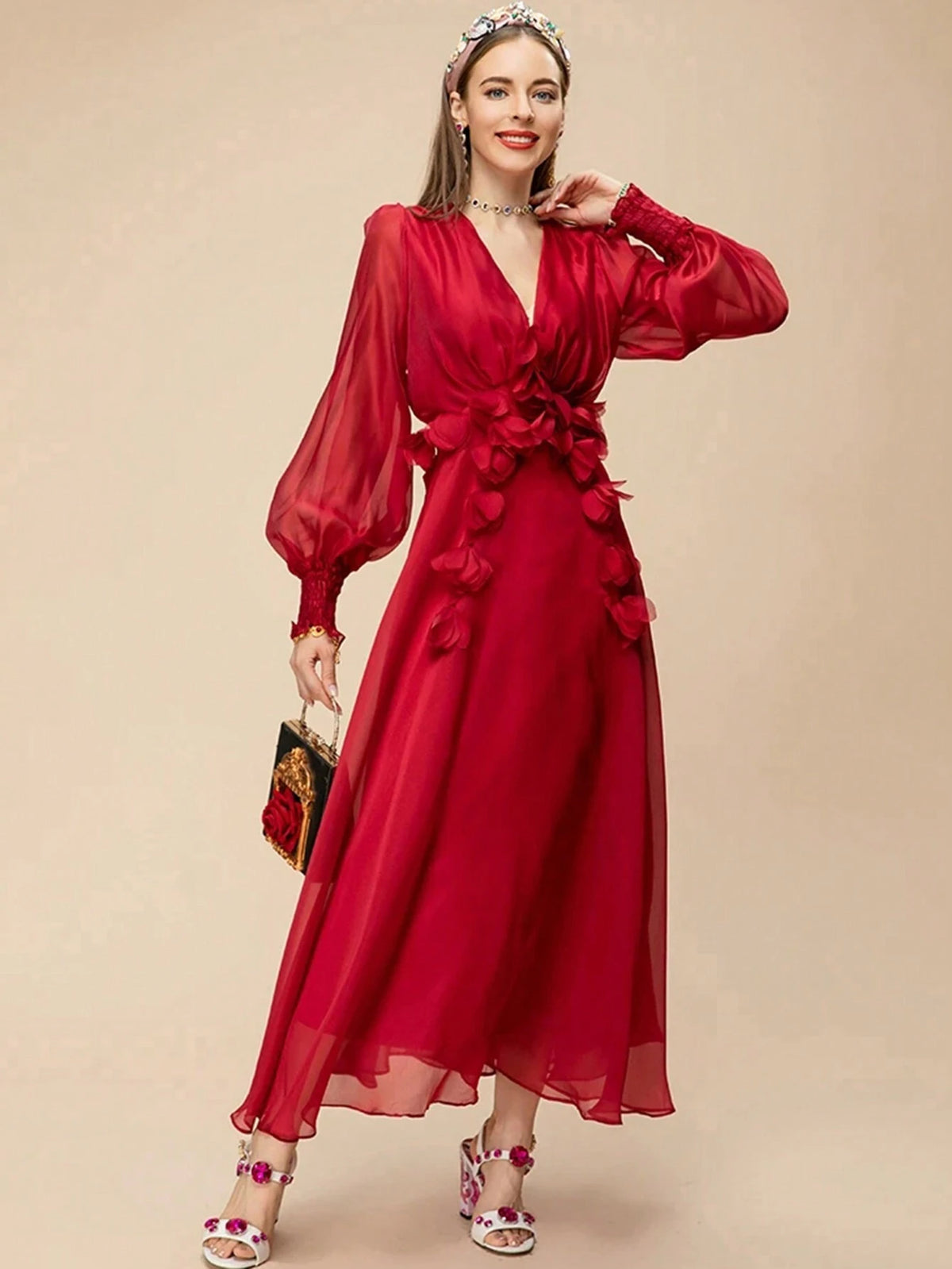 Summer Runway Elegant Party Dress Women's Red V-Neck High Waist Applique Chiffon Slim Fit Long Dress