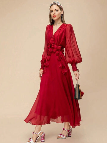 Summer Runway Elegant Party Dress Women's Red V-Neck High Waist Applique Chiffon Slim Fit Long Dress