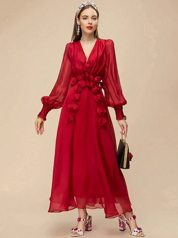Summer Runway Elegant Party Dress Women's Red V-Neck High Waist Applique Chiffon Slim Fit Long Dress