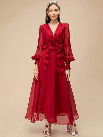 Summer Runway Elegant Party Dress Women's Red V-Neck High Waist Applique Chiffon Slim Fit Long Dress