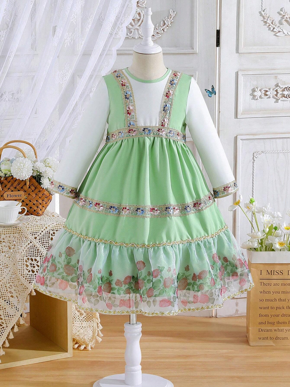 Summer Season Girls Embroidered Long-Sleeve Round Neck Cute Long Mesh Dress With Flower Edging And Netting For Countryside Holiday, Summer