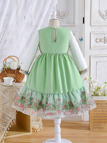 Summer Season Girls Embroidered Long-Sleeve Round Neck Cute Long Mesh Dress With Flower Edging And Netting For Countryside Holiday, Summer