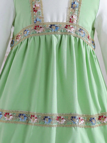 Summer Season Girls Embroidered Long-Sleeve Round Neck Cute Long Mesh Dress With Flower Edging And Netting For Countryside Holiday, Summer