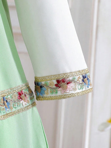 Summer Season Girls Embroidered Long-Sleeve Round Neck Cute Long Mesh Dress With Flower Edging And Netting For Countryside Holiday, Summer