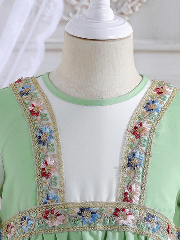 Summer Season Girls Embroidered Long-Sleeve Round Neck Cute Long Mesh Dress With Flower Edging And Netting For Countryside Holiday, Summer