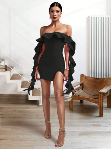 Summer Sexy Black Off-Shoulder Ruffle Tassel Bodycon Mini Bandage Dress