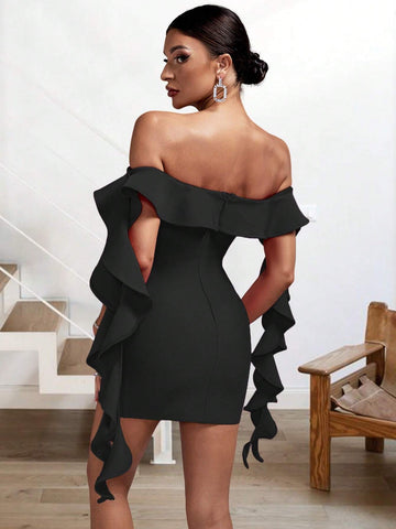 Summer Sexy Black Off-Shoulder Ruffle Tassel Bodycon Mini Bandage Dress
