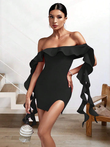 Summer Sexy Black Off-Shoulder Ruffle Tassel Bodycon Mini Bandage Dress