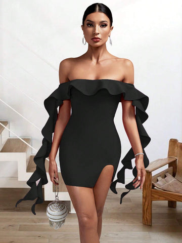 Summer Sexy Black Off-Shoulder Ruffle Tassel Bodycon Mini Bandage Dress