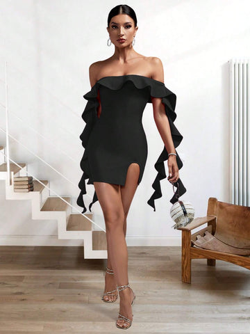 Summer Sexy Black Off-Shoulder Ruffle Tassel Bodycon Mini Bandage Dress