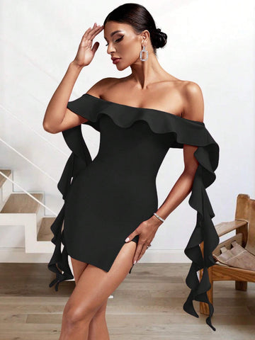 Summer Sexy Black Off-Shoulder Ruffle Tassel Bodycon Mini Bandage Dress