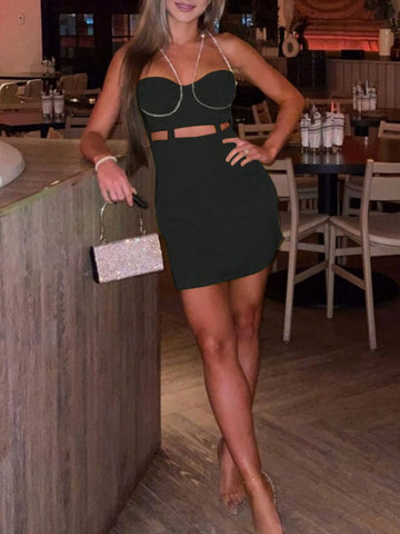 Summer Sexy Rhinestone Chain Decor Ruched Backless Mini Dress