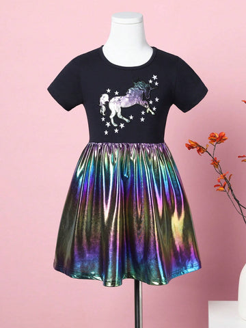 Summer Short-Sleeved A-Line Unicorn Embroidered Casual Dress SH1722 For Little Girls