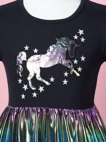 Summer Short-Sleeved A-Line Unicorn Embroidered Casual Dress SH1722 For Little Girls