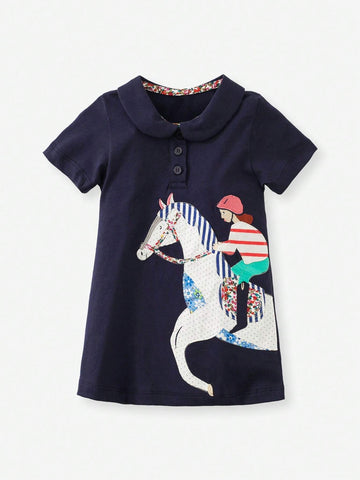 Summer Short Sleeve Cartoon Horse Polo Dress For Girls