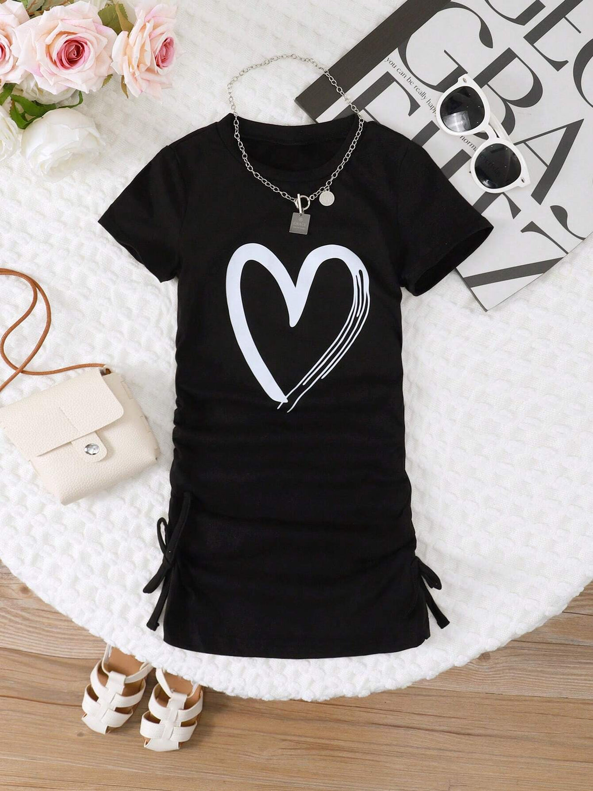 Summer Short Sleeve Heart Printed Black Dress
