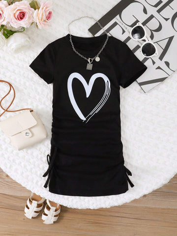 Summer Short Sleeve Heart Printed Black Dress