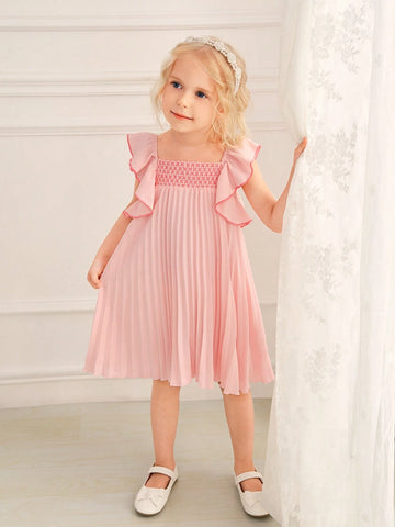 Summer Simple And Sweet Pink Pleated Flutter Sleeve Dress For Little Girls