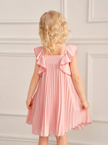 Summer Simple And Sweet Pink Pleated Flutter Sleeve Dress For Little Girls