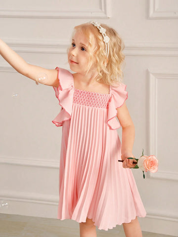 Summer Simple And Sweet Pink Pleated Flutter Sleeve Dress For Little Girls
