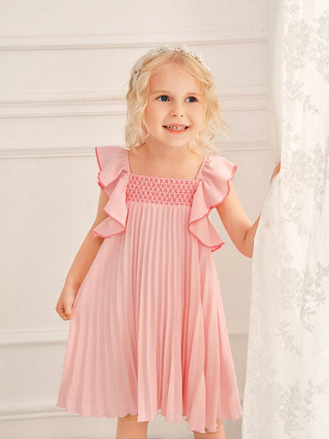 Summer Simple And Sweet Pink Pleated Flutter Sleeve Dress For Little Girls