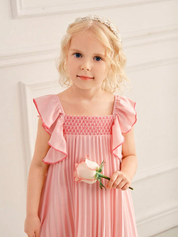 Summer Simple And Sweet Pink Pleated Flutter Sleeve Dress For Little Girls